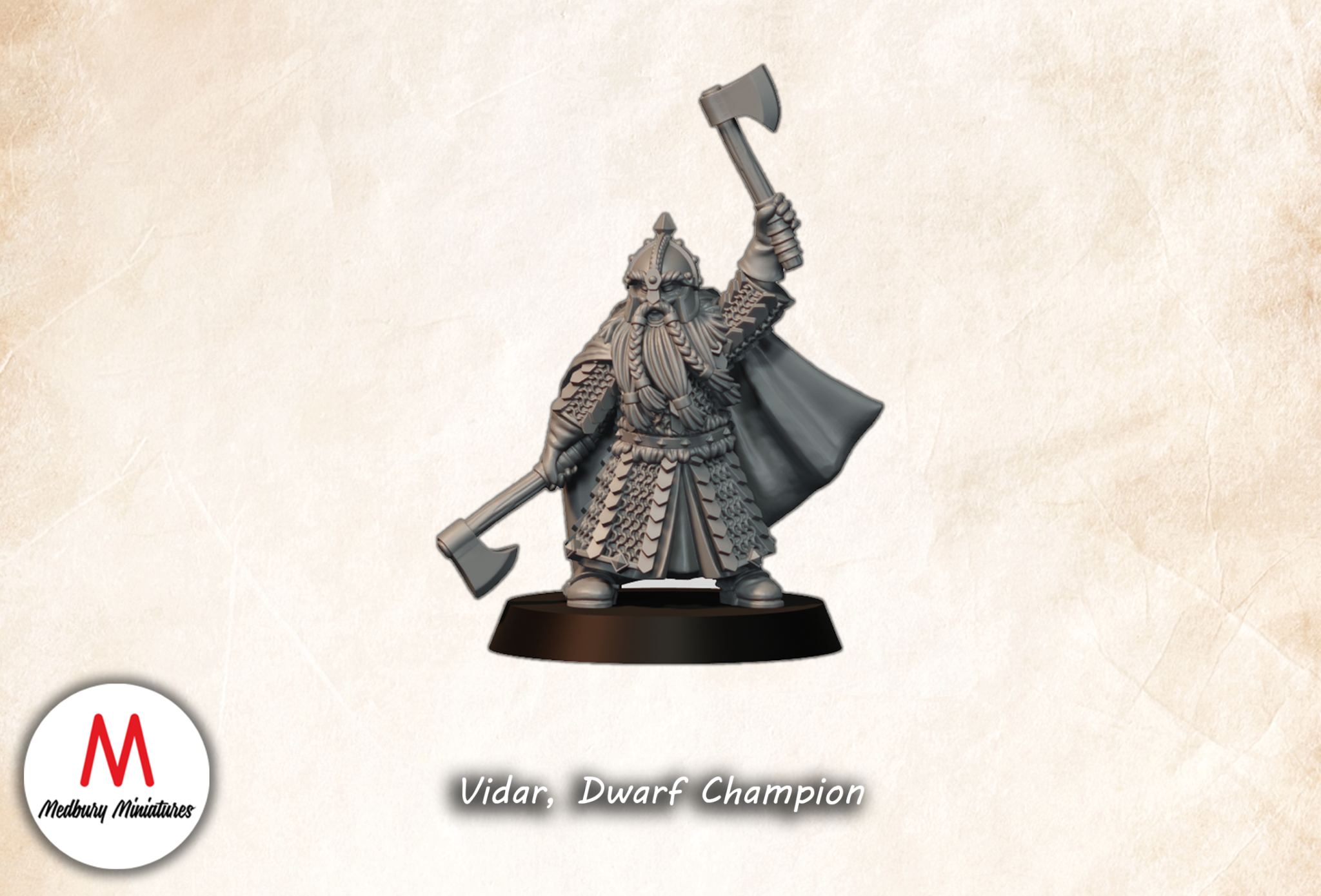 Vidar, Dwarf Champion fantasy wargaming 28mm designed by Medbury Miniatures and 3D printed by Forgemaster Miniatures