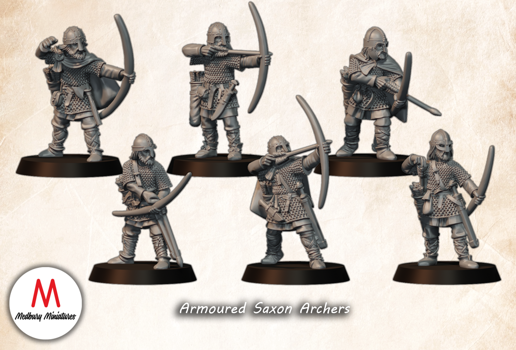 Armoured Saxon Archers fantasy wargaming 28mm designed by Medbury Miniatures and 3D printed by Forgemaster Miniatures