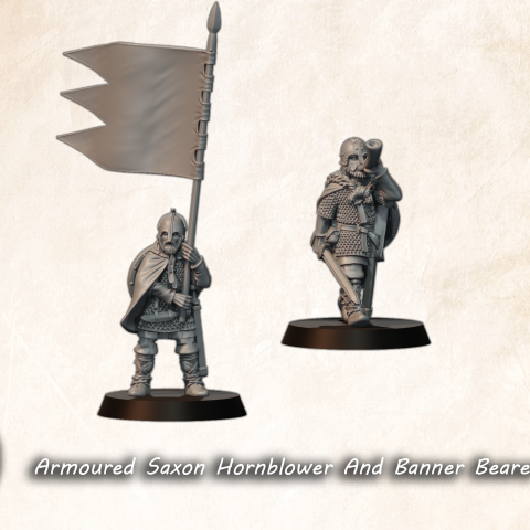 Armoured Saxon Hornblower and Banner Bearer fantasy wargaming 28mm designed by Medbury Miniatures and 3D printed by Forgemaster Miniatures