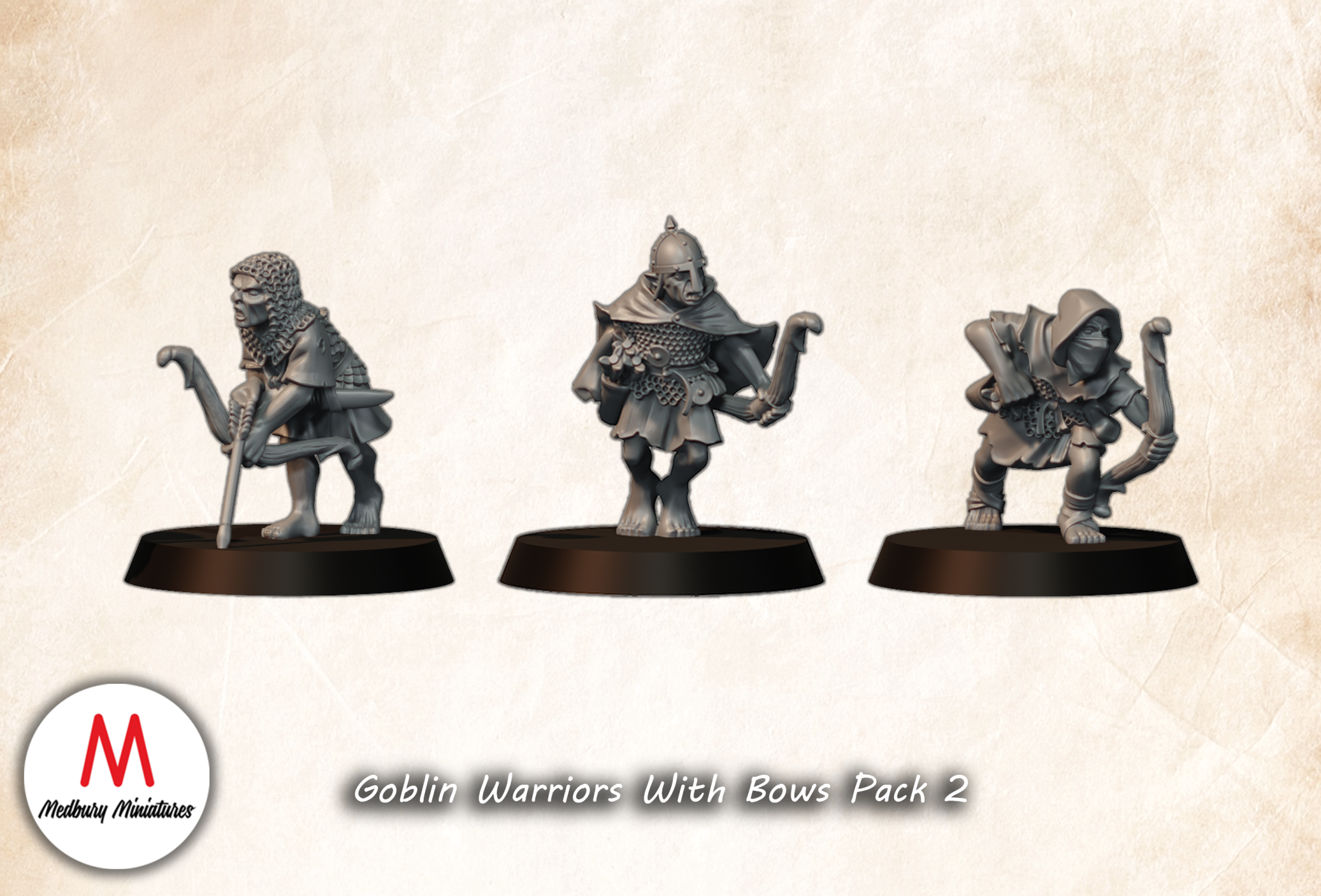 Goblin warriors with Bows Set 2 fantasy wargaming 28mm designed by Medbury Miniatures and 3D printed by Forgemaster Miniatures