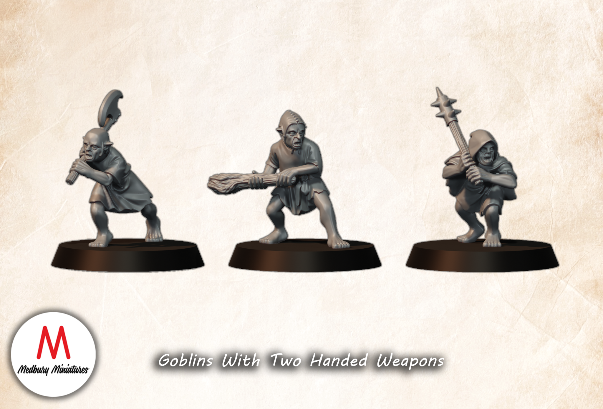 Goblins with Two-handed Weapons fantasy wargaming 28mm designed by Medbury Miniatures and 3D printed by Forgemaster Miniatures