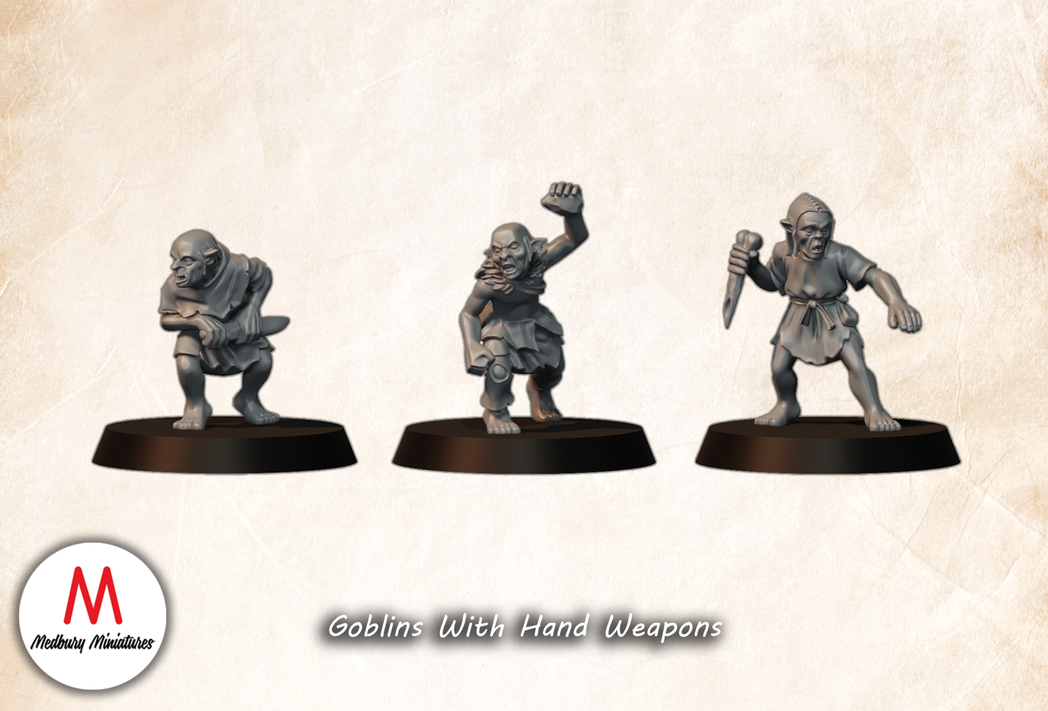 Goblins with Hand Weapons fantasy wargaming 28mm designed by Medbury Miniatures and 3D printed by Forgemaster Miniatures