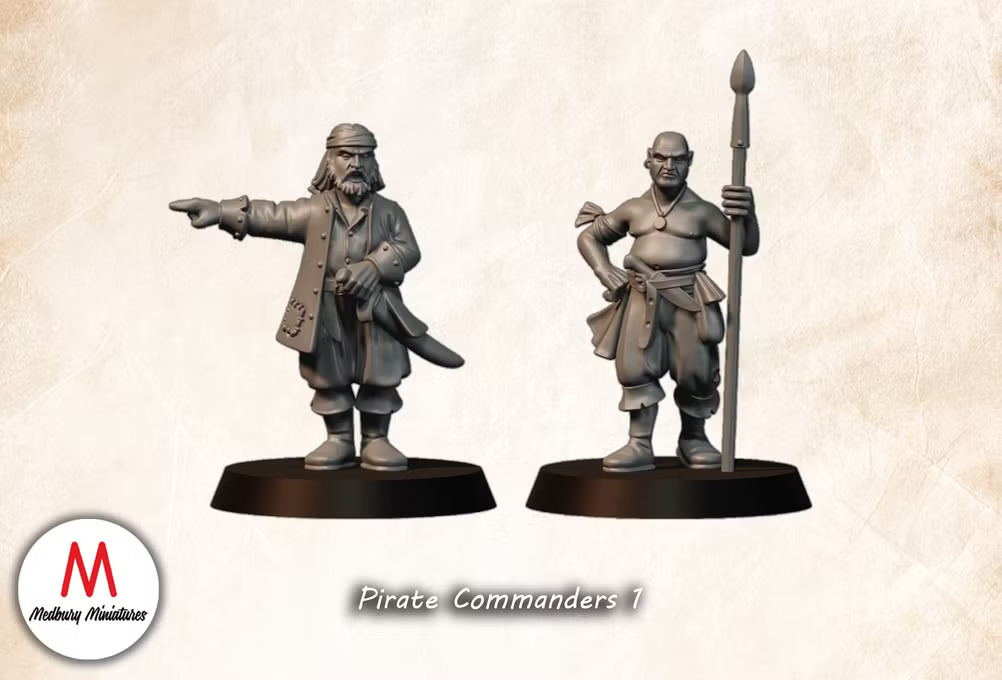 Pirate Commanders 1 fantasy wargaming 28mm designed by Medbury Miniatures and 3D printed by Forgemaster Miniatures