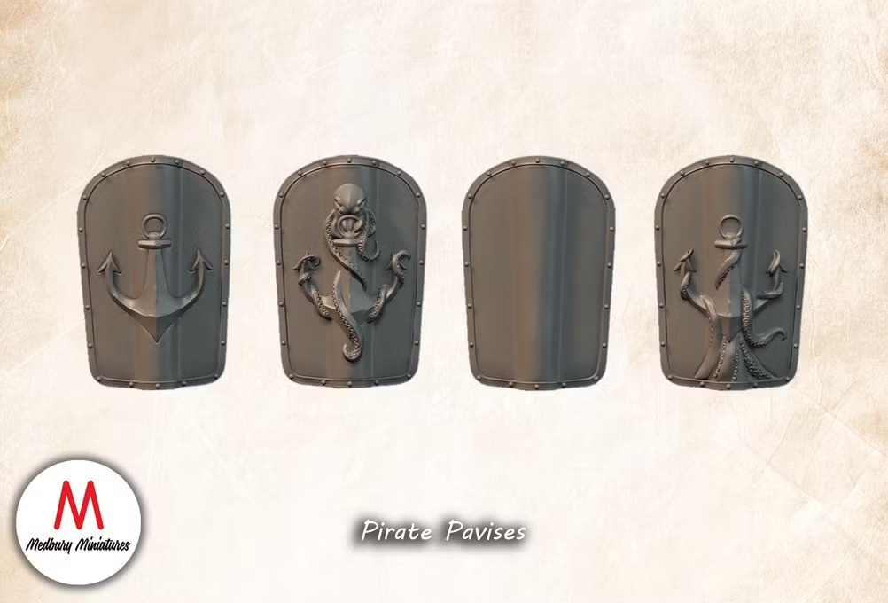 Pirates Pavises Fantasy Wargaming 28mm designed by Medbury Miniatures and 3D printed by Forgemaster Miniatures