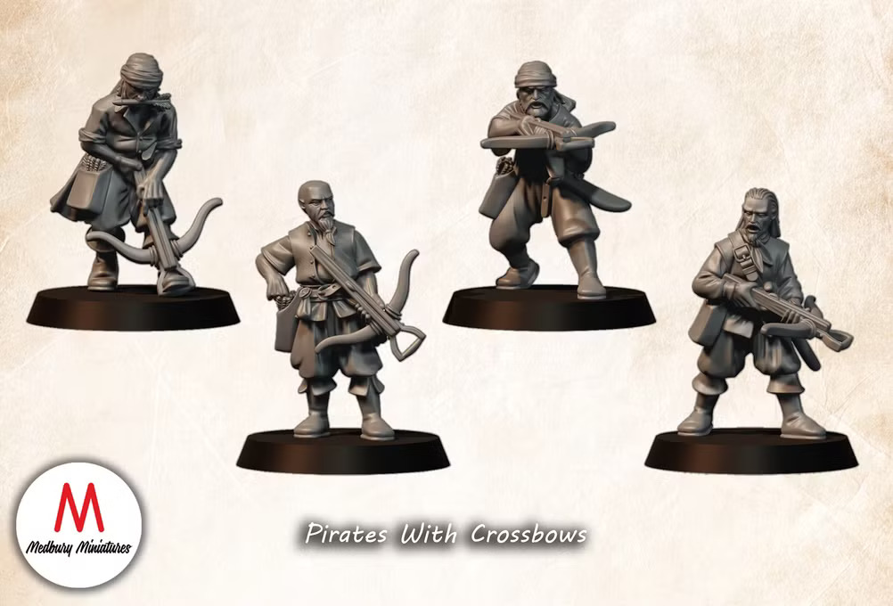 Pirates with Crossbows Fantasy Wargaming 28mm designed by Medbury Miniatures and 3D printed by Forgemaster Miniatures