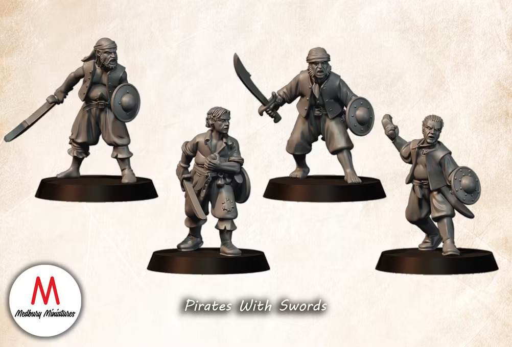 Pirates with Swords Fantasy Wargaming 28mm Designed by Medbury Miniatures and 3D printed by Forgemaster Miniatures