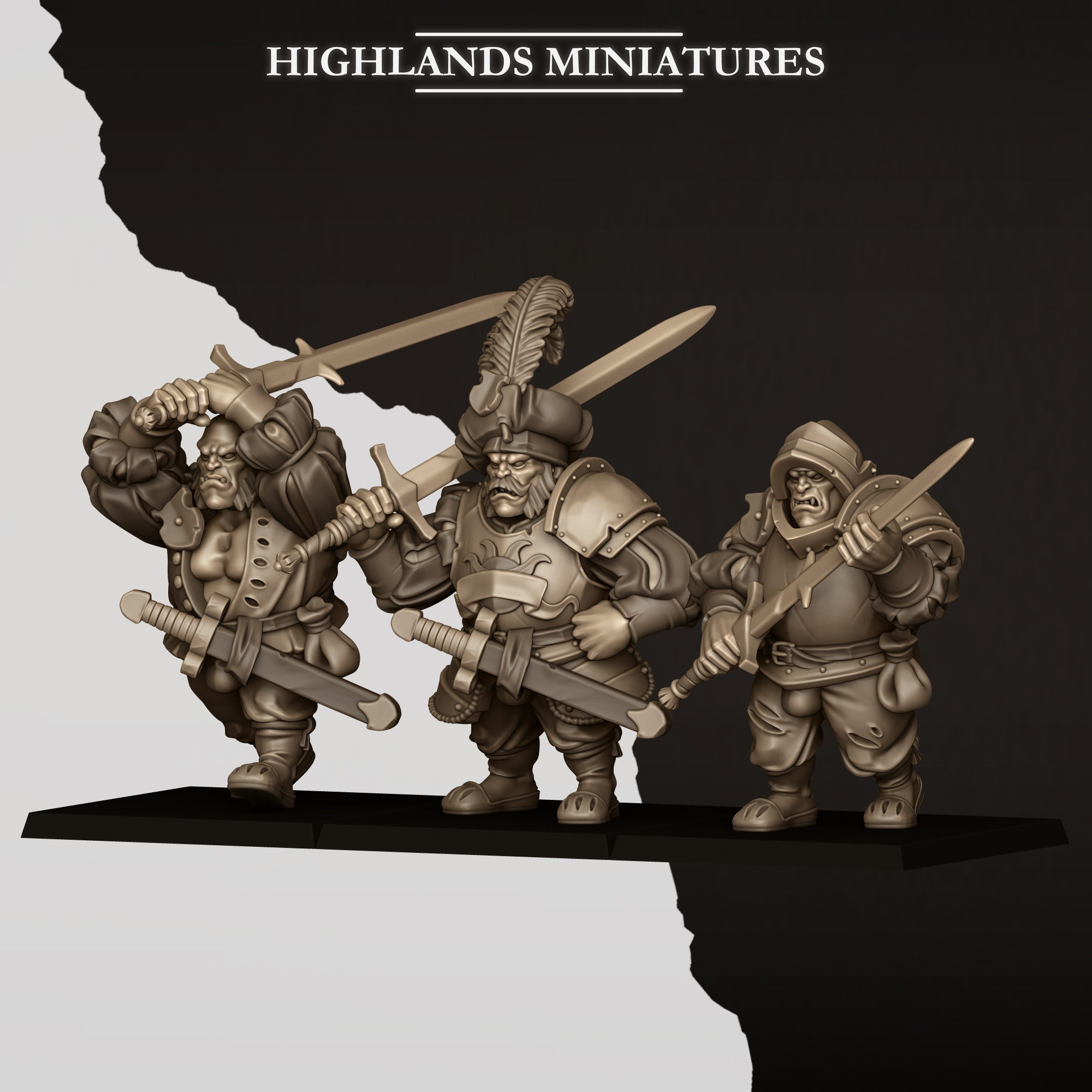 Ogres with Zweihander fantasy wargaming 28mm designed by Highlands Miniatures and 3D printed by Forgemaster Miniatures