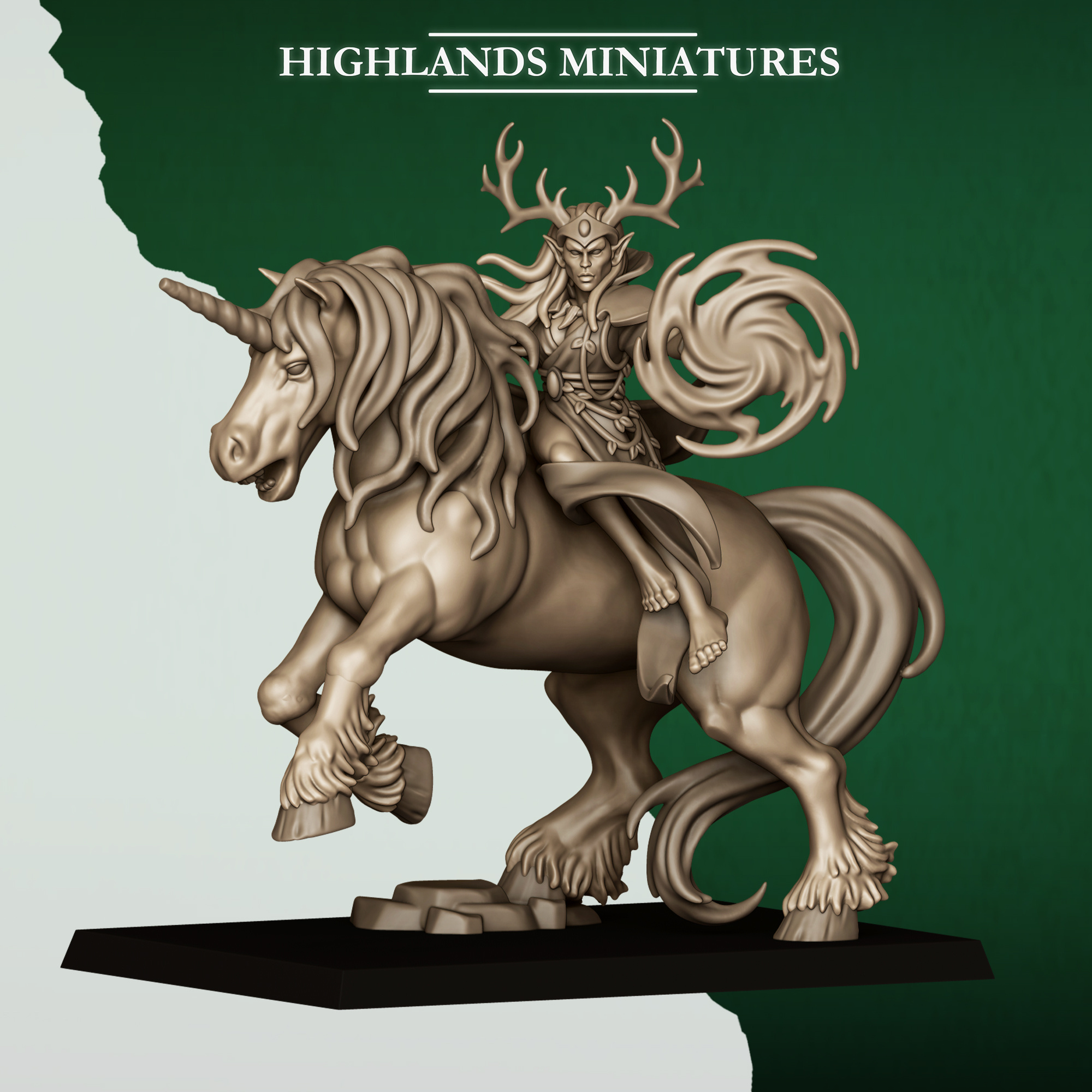 Mounted Feral Elf Druid on Unicorn fantasy wargaming 28mm designed by Highlands Miniatures and 3D printed by Forgemaster Miniatures 1
