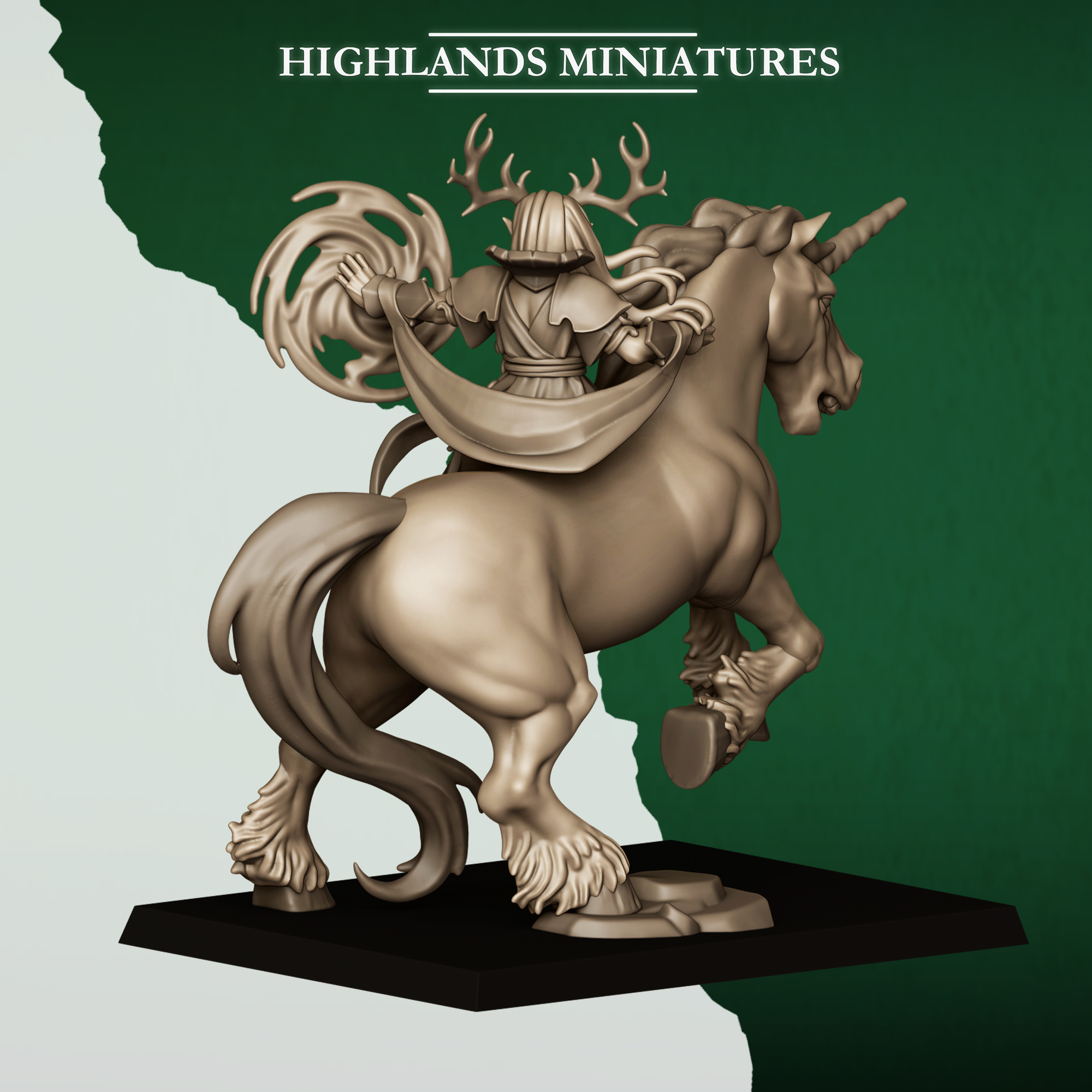 Mounted Feral Elf Druid on Unicorn fantasy wargaming 28mm designed by Highlands Miniatures and 3D printed by Forgemaster Miniatures 2