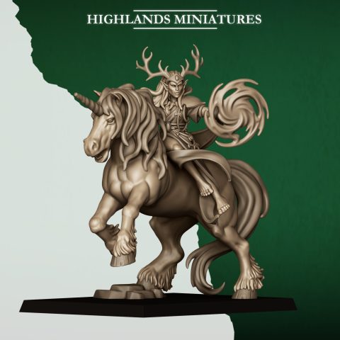Mounted Feral Elf Druid on Unicorn fantasy wargaming 28mm designed by Highlands Miniatures and 3D printed by Forgemaster Miniatures