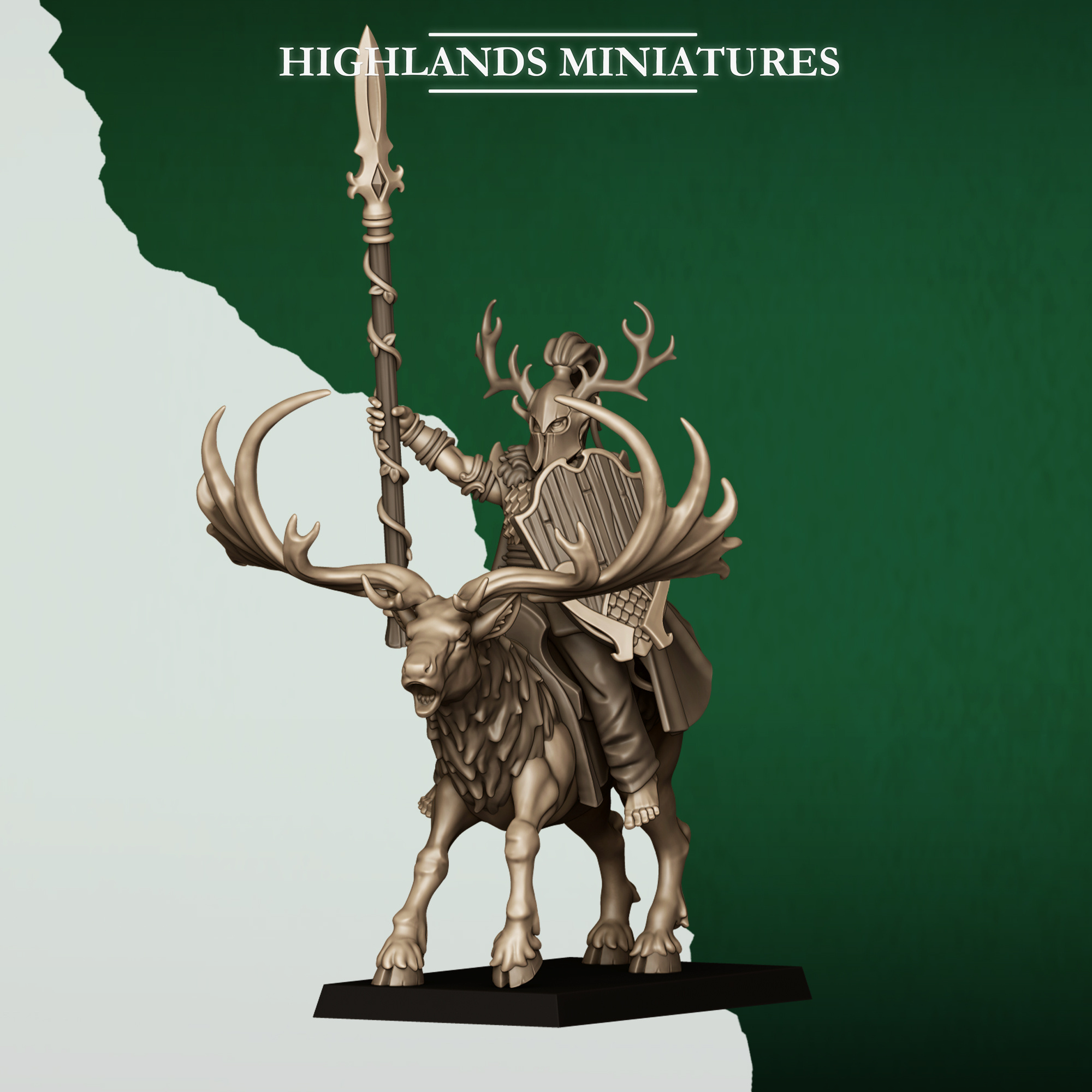 Mounted Feral Elf Lord on Feral Stag fantasy Wargaming 28mm Designed by Highlands Miniatures and 3D printed by Forgemaster Miniatures