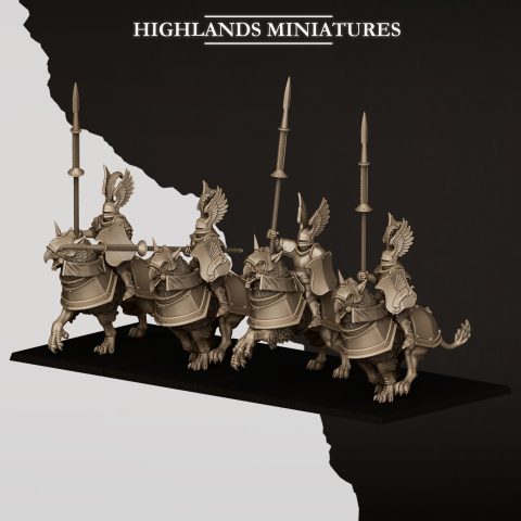 Wingless Gryphons Knights with poleaxes and lances fantasy wargaming 28mm designed by Highlands Miniatures and 3D printed by Forgemaster Miniatures