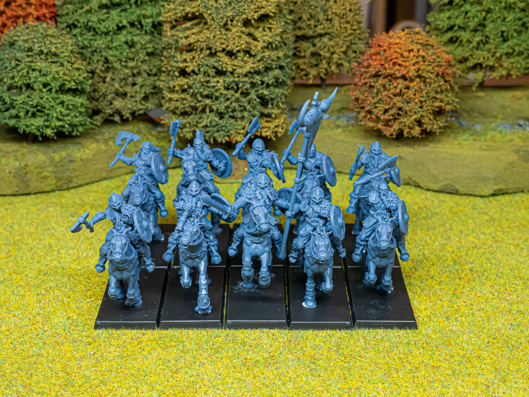 10x Mounted Norse Raiders with hand weapons, spears and shields fantasy wargaming 28mm designed by Highlands Miniatures and 3D printed by Forgemaster Miniatures printed