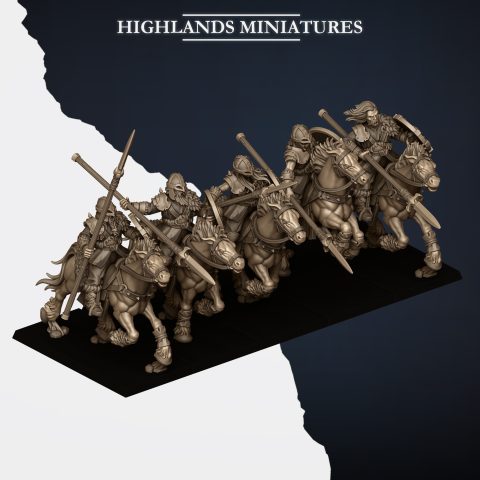 5x Mounted Norse Raiders with Spears and Shields fantasy wargaming 28mm, designed by Highlands Miniatures and 3D printed by Forgemaster Miniatures