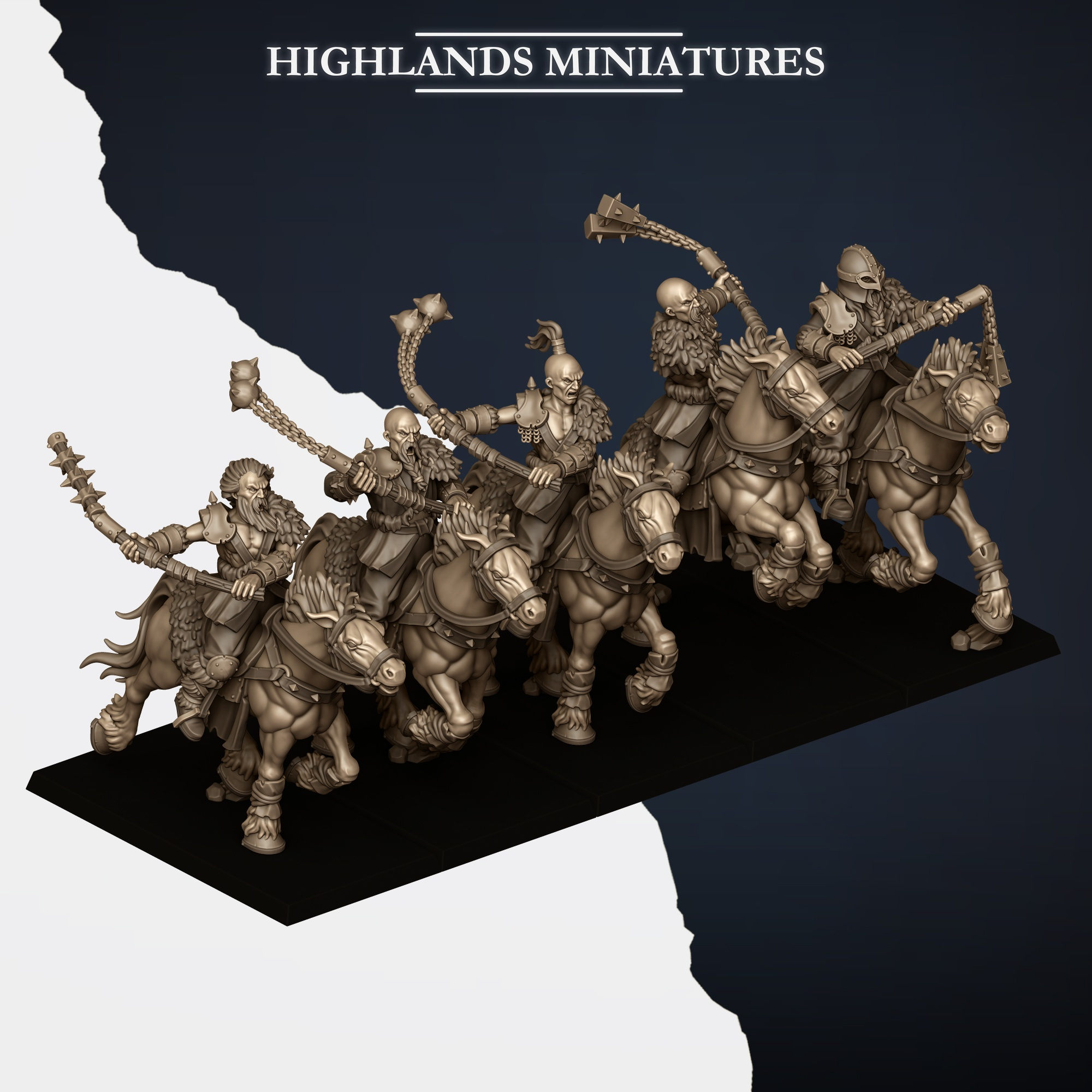 5x Mounted Norse Raiders with two handed weapons fantasy wargaming 28mm designed by Highlands Miniatures and 3D printed by Forgemaster Miniatures