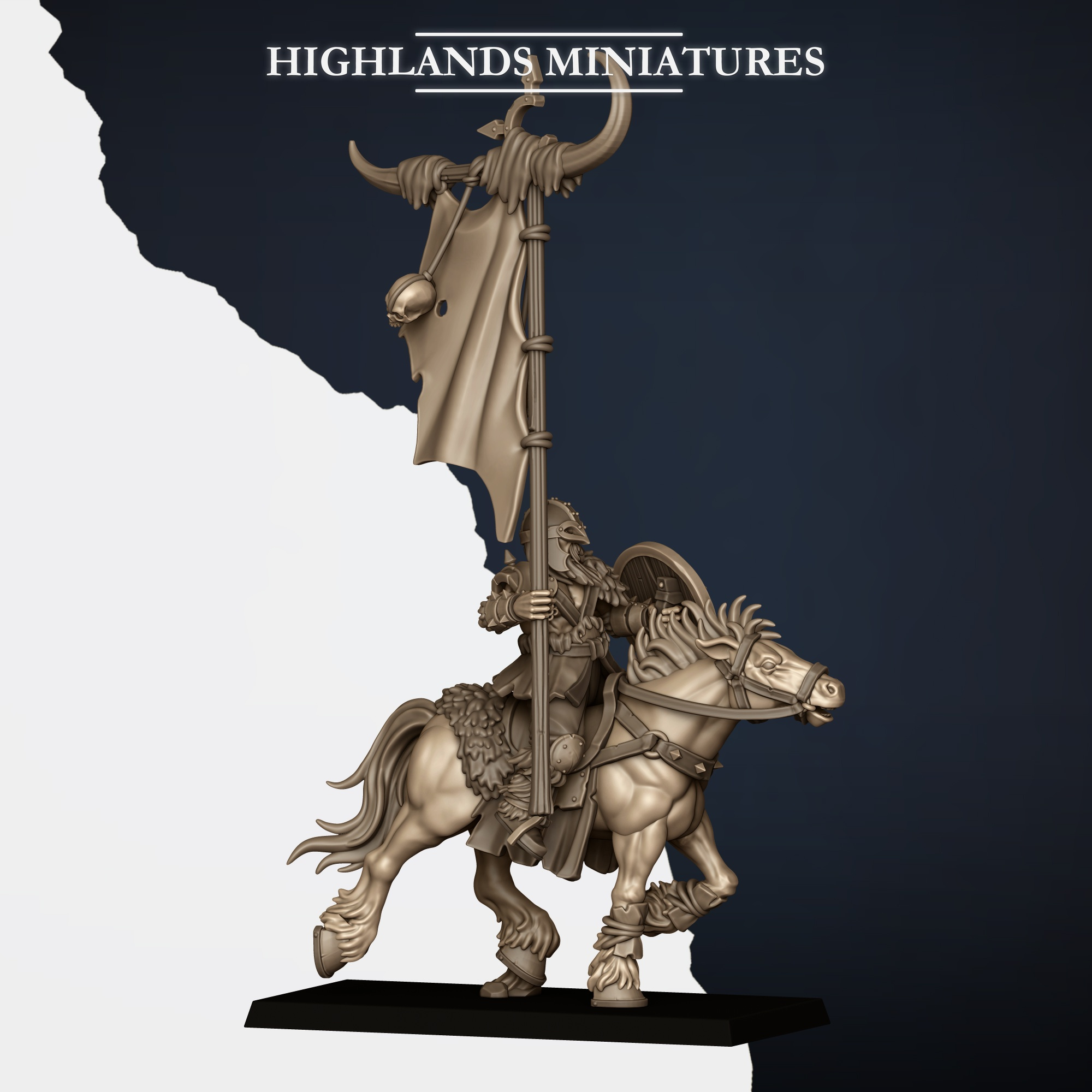 Mounted Norse Raiders Bannerman fantasy wargaming 28mm designed by Highlands Miniatures and 3D printed by Forgemaster Miniatures