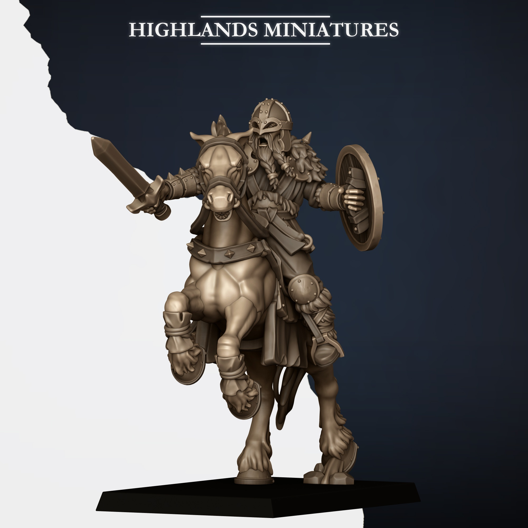 Mounted Norse Raiders Captain fantasy wargaming 28mm designed by Highlands Miniatures and 3D printed by Forgemaster Miniatures