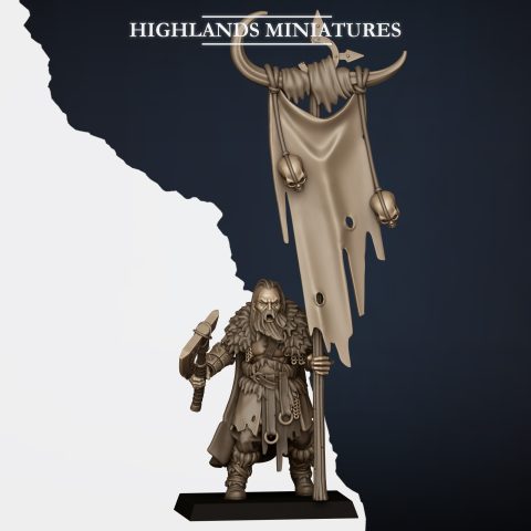 Norse Raiders Command Group Bannerman fantasy wargaming 28mm, designed by Highlands Miniatures and 3D printed by Forgemaster Miniatures