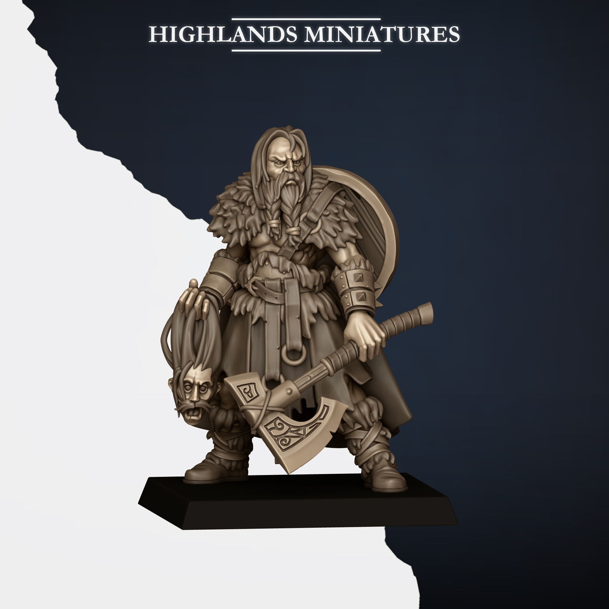 Norse Raiders Command Group Captain fantasy wargaming 28mm, designed by Highlands Miniatures and 3D printed by Forgemaster Miniatures