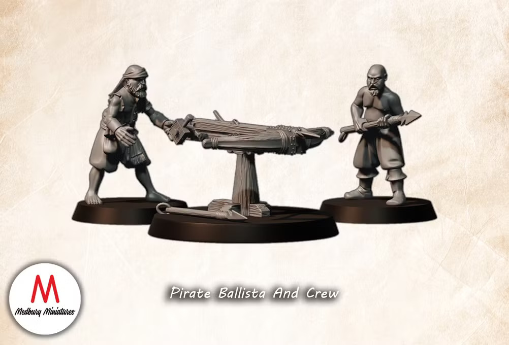 Pirate Ballista and Crew fantasy wargaming 28mm designed by Medbury Miniatures and 3D printed by Forgemaster Miniatures