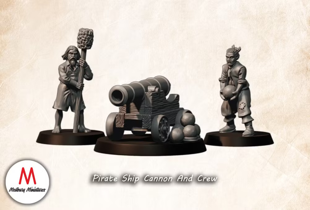 Pirate Ship Cannon and Crew fantasy wargaming 28mm designed by Medbury Miniatures and 3D printed by Forgemaster Miniatures