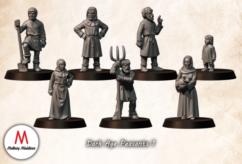 Dark Age Peasants 1 historical wargaming 28mm designed by Medbury Miniatures and 3D printed by Forgemaster Miniatures