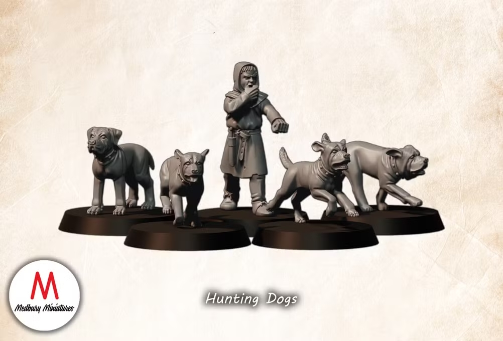 Hunting Dogs medieval historical wargaming 28mm miniature designed by Medbury Miniatures and 3D printed by Forgemaster Miniatures