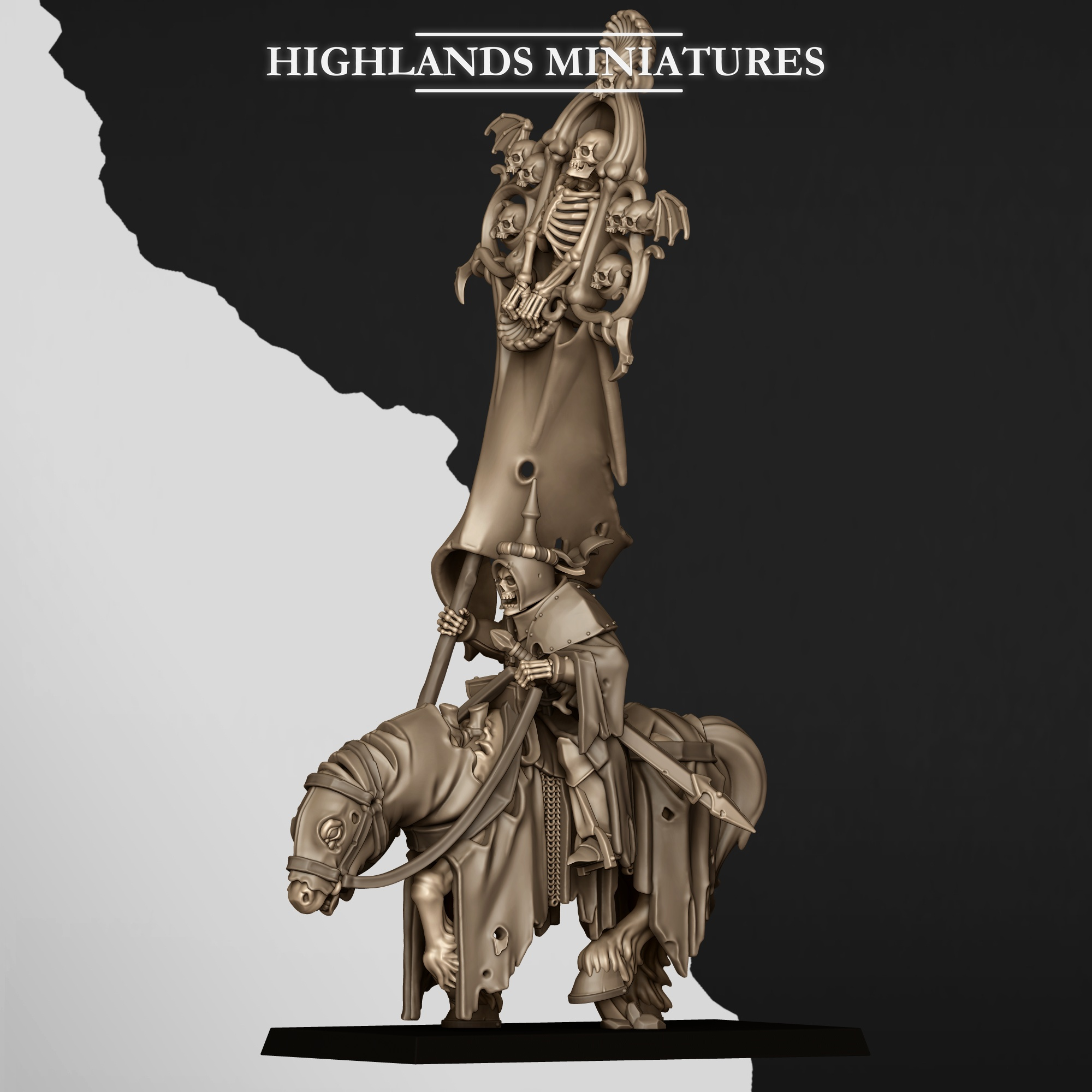 Mounted Skeletal Lord (banner Bearer) fantasy wargaming 28mm designed by Highlands Miniatures and 3D printed by Forgemaster Miniatures 1