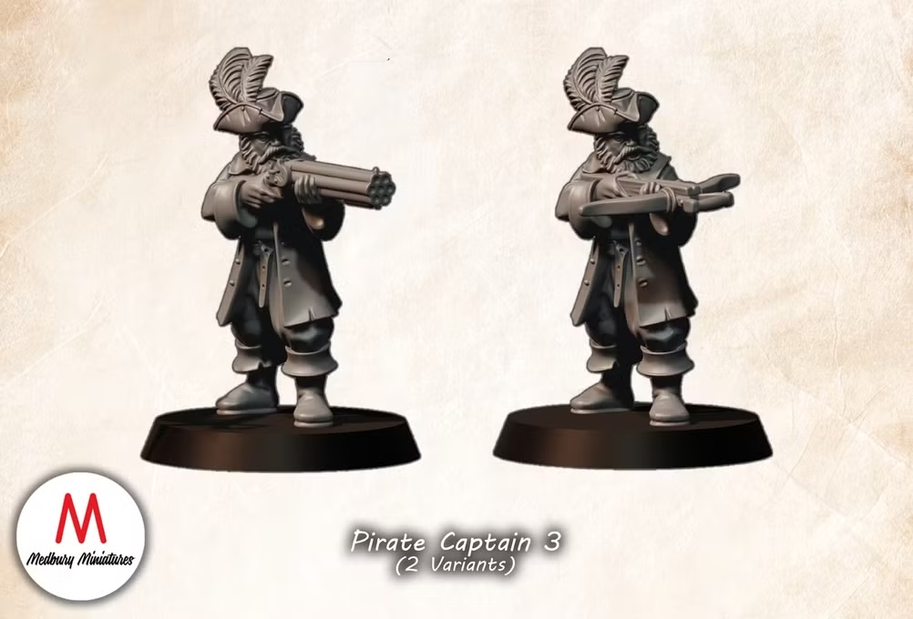 Pirate Captain 3 fantasy wargaming 28mm designed by Medbury Miniatures and 3D printed by Forgemaster Miniatures