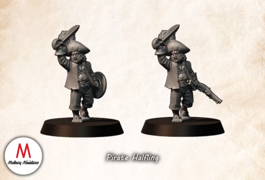 Pirate Halfling fantasy wargaming 28mm designed by Medbury Miniatures and 3D printed by Forgemaster Miniatures
