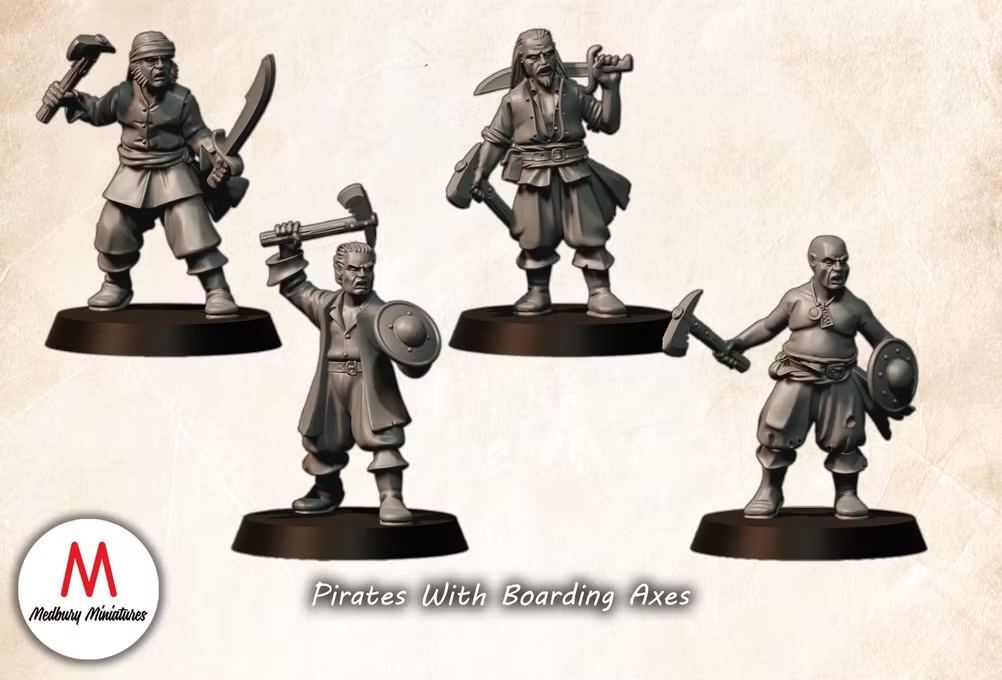 Pirates with Boarding Axes fantasy wargaming 28mm designed by Medbury Miniatures and 3D printed by Forgemaster Miniatures