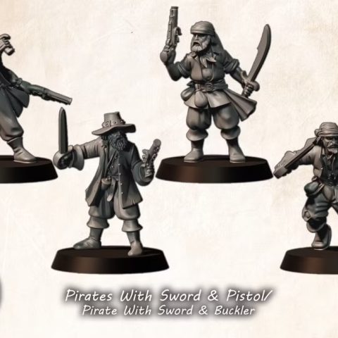 Pirates with sword and pistol fantasy wargaming 28mm designed by Medbury Miniatures and 3D printed by Forgemaster Miniatures