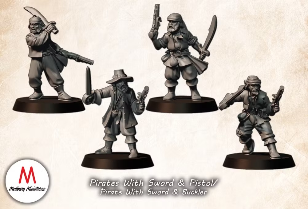 Pirates with sword and pistol fantasy wargaming 28mm designed by Medbury Miniatures and 3D printed by Forgemaster Miniatures