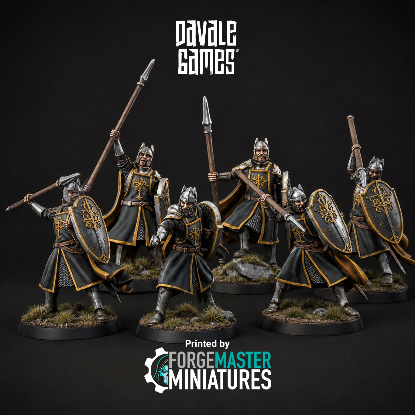 High Humans with Shields and Spears fantasy wargaming 28mm designed by Davale Games and 3D printed by Forgemaster Miniatures